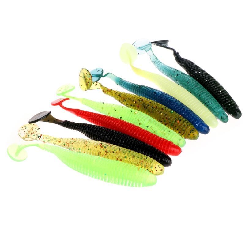 10Pcs/Set Fishing Lures Worm Soft Silicone T Tail Swimming Bass