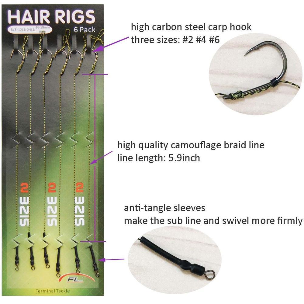 54Pcs=9Packs Carp Fishing Rig Hair Rigs Braided Line With Carp