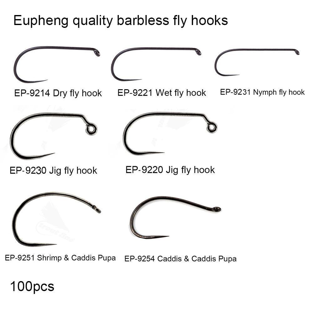 Eupheng 100Pcs Competition Fly Fishing Hook Barbless No Barb Hook Fishing  Dry