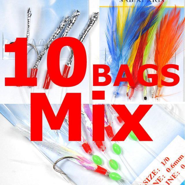 [10 Bags] Sabiki Feather / Tinsel Tube / Flash Rig Size 1/0 Assortied Bait-Sabiki Rigs-Bargain Bait Box-10 BAGS Mix-Bargain Bait Box