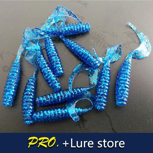 100Pcs Crystal Blue Color 6Cm Circel Tail Worm Soft Bait Plastic Soft Grub-Worms &amp; Grubs-Bargain Bait Box-Bargain Bait Box