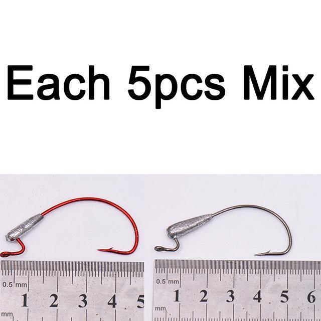 10Pcs Shank Weighted Crank Worm Fish Hook Red Silver Color Bass Fishing Hook-Weighted Hooks-Bargain Bait Box-10pcs Mix-Bargain Bait Box
