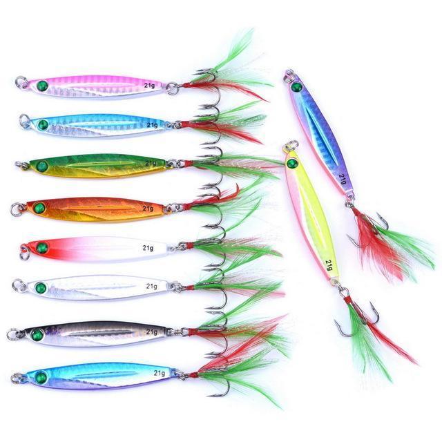 10Pcs 7G/21G/28G/40G Metal Jigging Lure With Red/Green Feather Hooks Fishing-Xiamen Smith Industry Co,. Ltd-21g FS0649ZH-Bargain Bait Box