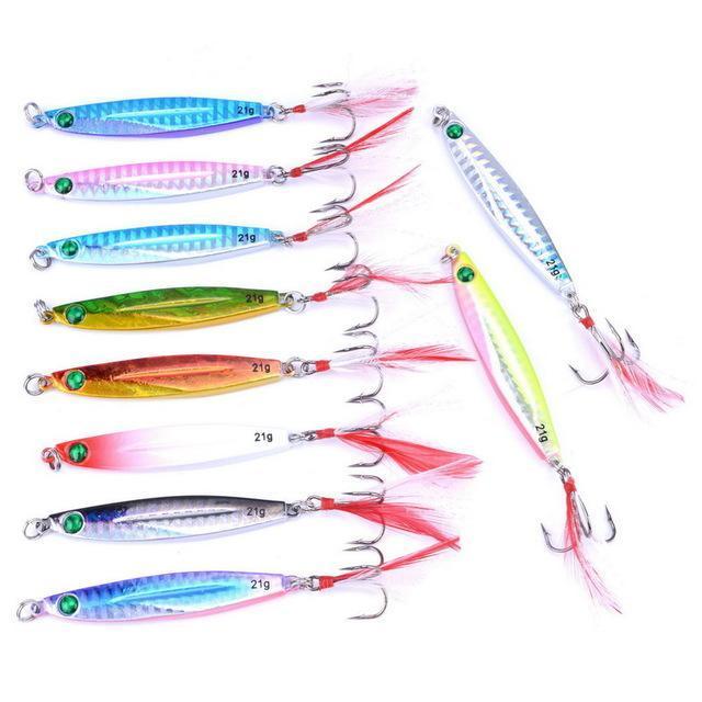 10Pcs 7G/21G/28G/40G Metal Jigging Lure With Red/Green Feather Hooks Fishing-Xiamen Smith Industry Co,. Ltd-21g FS0653ZH-Bargain Bait Box