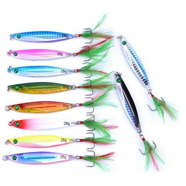 10Pcs 7G/21G/28G/40G Metal Jigging Lure With Red/Green Feather Hooks Fishing-Xiamen Smith Industry Co,. Ltd-28g FS0650ZH-Bargain Bait Box
