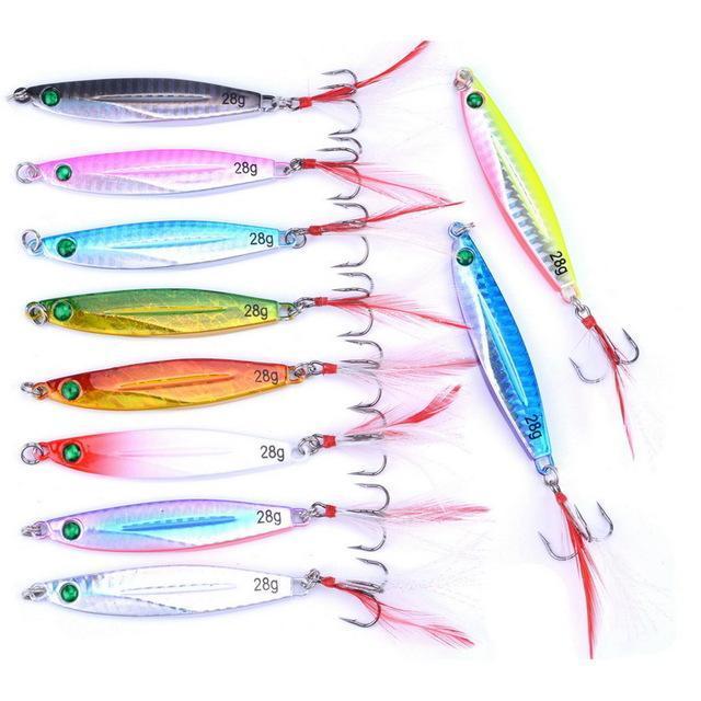 10Pcs 7G/21G/28G/40G Metal Jigging Lure With Red/Green Feather Hooks Fishing-Xiamen Smith Industry Co,. Ltd-28g FS0654ZH-Bargain Bait Box
