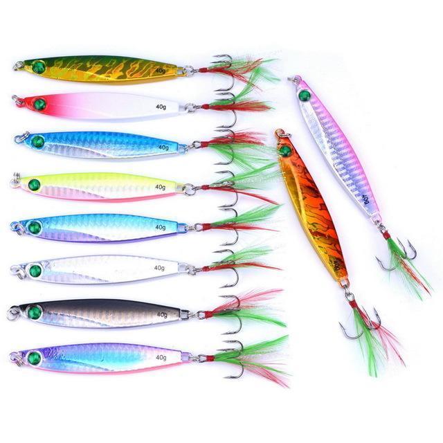10Pcs 7G/21G/28G/40G Metal Jigging Lure With Red/Green Feather Hooks Fishing-Xiamen Smith Industry Co,. Ltd-40g FS0651ZH-Bargain Bait Box
