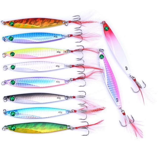 10Pcs 7G/21G/28G/40G Metal Jigging Lure With Red/Green Feather Hooks Fishing-Xiamen Smith Industry Co,. Ltd-40g FS0655ZH-Bargain Bait Box