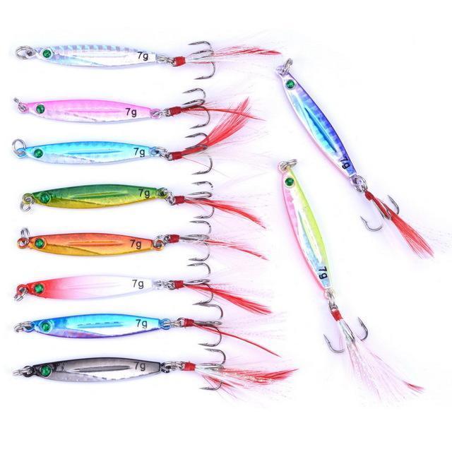 10Pcs 7G/21G/28G/40G Metal Jigging Lure With Red/Green Feather Hooks Fishing-Xiamen Smith Industry Co,. Ltd-7g FS0652ZH-Bargain Bait Box
