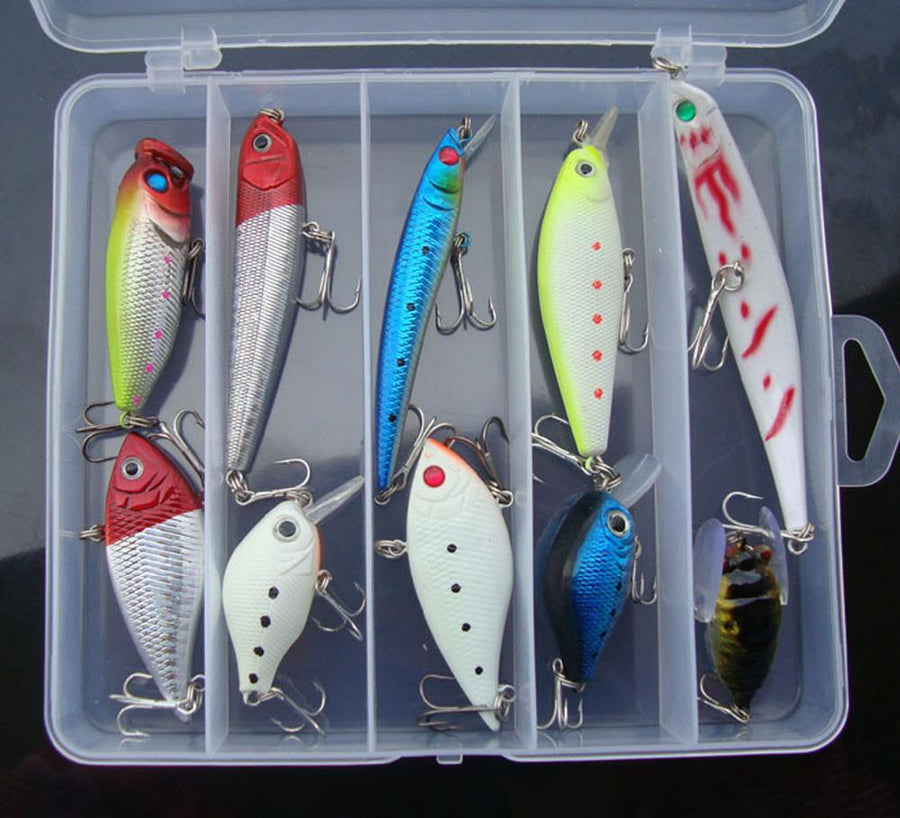 10Pcs Mix Lure Minnow Popper Fishing Fish Box-Hard Bait Kits-Bargain Bait Box-Bargain Bait Box
