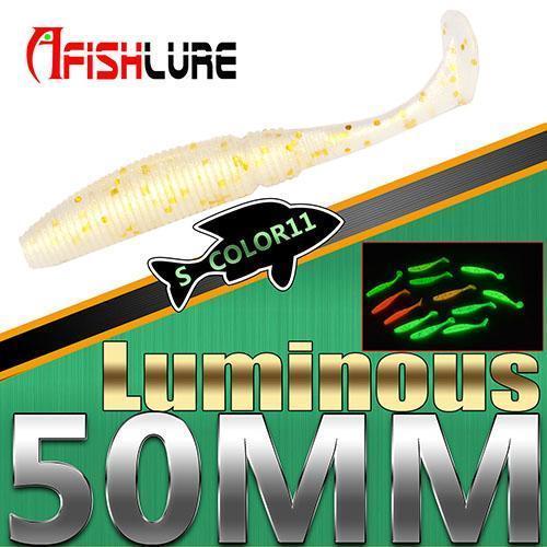 15Pcs/Lot Luminous Paddle Tail Soft Grubs 1G 50Mm Glow In Dark T Tail Lure Jig-A Fish Lure Wholesaler-Color11 Luminous-Bargain Bait Box