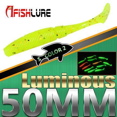 15Pcs/Lot Luminous Paddle Tail Soft Grubs 1G 50Mm Glow In Dark T Tail Lure Jig-A Fish Lure Wholesaler-Color2 Luminous-Bargain Bait Box