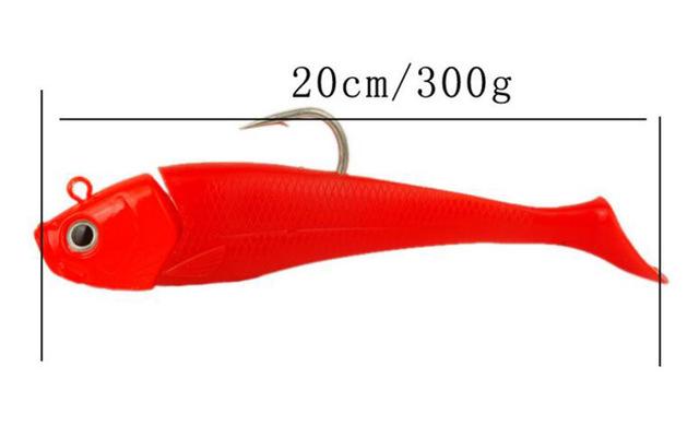 1Pcs Bait 20Cm 300G Lead Fish Single Hook T Tail Bait Long S Sea Fishing Tackle-Rigged Plastic Swimbaits-Bargain Bait Box-Red-Bargain Bait Box