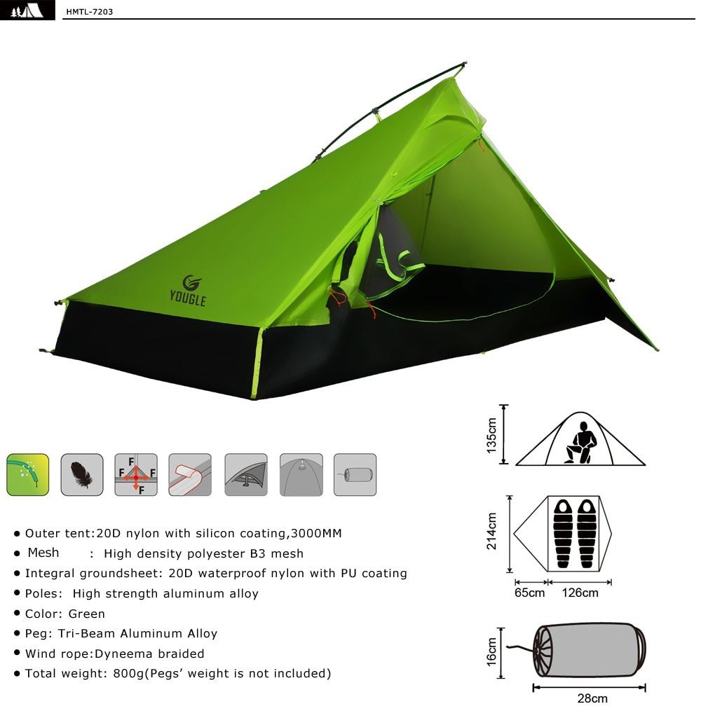 20D One Layer 2 Men Two Person Backpacking Tent 3 Season For Camping Hiking-Tents-YOUGLE store-Light Green-Bargain Bait Box