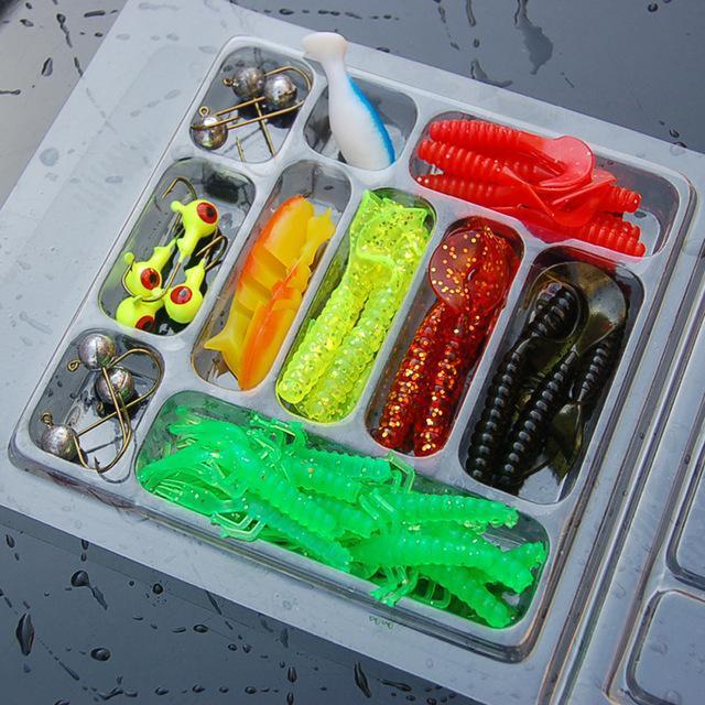35Pcs/Box Mixed Fishing Lure Hook Set Kit Soft Artificial Worm Shrimp Minnow-walkinhorizon Store-Bargain Bait Box