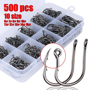 500Pcs Carbon Steel Fishhook Fishing With Fishing Box 6# -15# 10 Sizes-Hook Kits-Bargain Bait Box-Bargain Bait Box