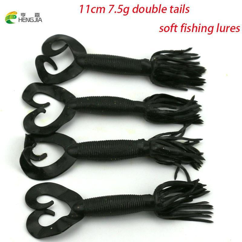 50Pcs 11Cm 7.5G Black Grub Worm Double Tail Soft Plastic Fishing Baits Musky-Worms & Grubs-Bargain Bait Box-Bargain Bait Box