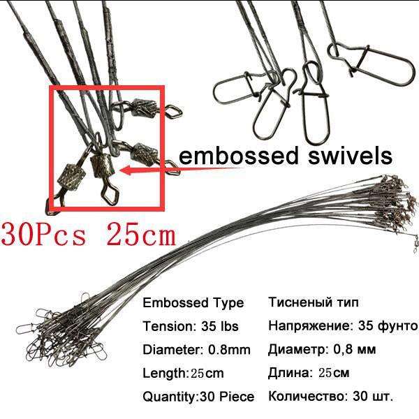 50Pcs 17Cm 21Cm Fishing Line Steel Wire Leader With Rolling Swivels Duo-Lock-THKFISH Official Store-30Pcs 25cm Embossed-Bargain Bait Box
