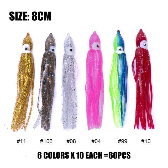 60Pcs 6Cm 8Cm 10Cm Squid Rubber Skirts, Soft Octopus Lures, Hoochie Fishing-countbass Fishing Tackles Store-8cm-Bargain Bait Box