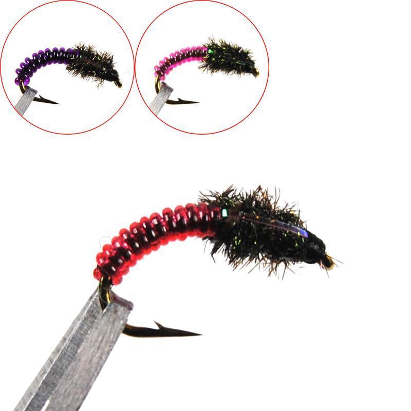 6Pcs #12 Pink Red Purple Caddis Larva Chironomid Midge Pupa Buzzer Zebra Nymph-Flies-Bargain Bait Box-Red 6pcs-Bargain Bait Box