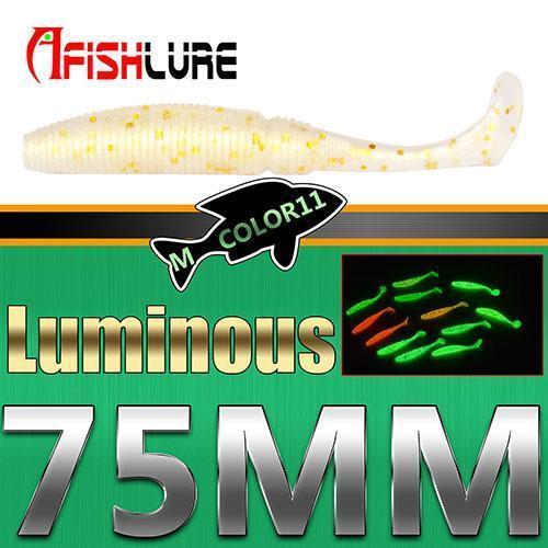 6Pcs/Lot T Tail Soft Grub Glow 75Mm 3G Luminous Soft Fishing Lure Abdomen Open-A Fish Lure Wholesaler-Color11 Luminous-Bargain Bait Box