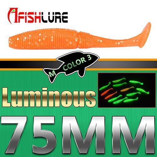 6Pcs/Lot T Tail Soft Grub Glow 75Mm 3G Luminous Soft Fishing Lure Abdomen Open-A Fish Lure Wholesaler-Color3 Luminous-Bargain Bait Box