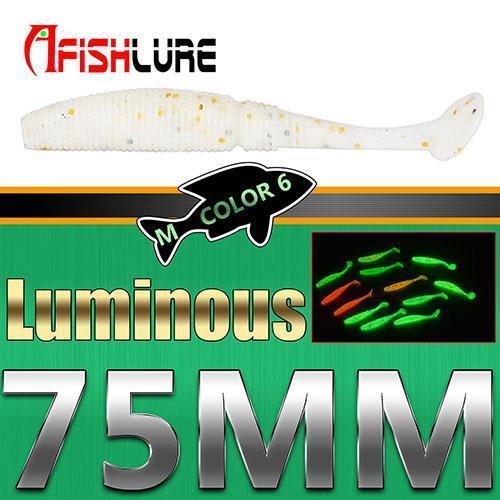 6Pcs/Lot T Tail Soft Grub Glow 75Mm 3G Luminous Soft Fishing Lure Abdomen Open-A Fish Lure Wholesaler-Color6 Luminous-Bargain Bait Box