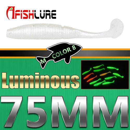 6Pcs/Lot T Tail Soft Grub Glow 75Mm 3G Luminous Soft Fishing Lure Abdomen Open-A Fish Lure Wholesaler-Color8 Luminous-Bargain Bait Box