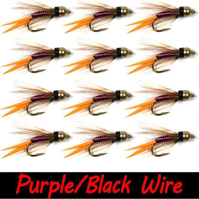 Bimo 12Pcs 12# Brass Bead Head Prince Nymph Trout Fishing Flies Fast Sinking-Flies-Bargain Bait Box-PurplelBlack Wire-Bargain Bait Box