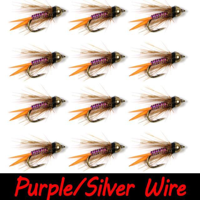 Bimo 12Pcs 12# Brass Bead Head Prince Nymph Trout Fishing Flies Fast Sinking-Flies-Bargain Bait Box-PurplelSilver Wire-Bargain Bait Box
