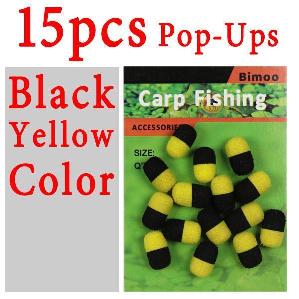 Bimoo 15Pcs/Pack Cylinder Fishing Bait Foam Boilie Pop Ups Hook Fish Baits-Bait Rig Tools-Bargain Bait Box-15pcs black yellow-Bargain Bait Box