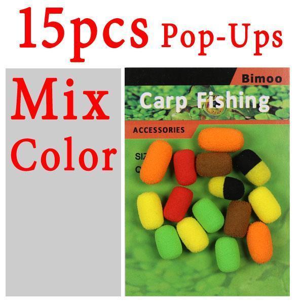 Bimoo 15Pcs/Pack Cylinder Fishing Bait Foam Boilie Pop Ups Hook Fish Baits-Bait Rig Tools-Bargain Bait Box-15pcs mix color-Bargain Bait Box
