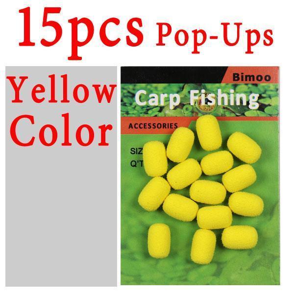 Bimoo 15Pcs/Pack Cylinder Fishing Bait Foam Boilie Pop Ups Hook Fish Baits-Bait Rig Tools-Bargain Bait Box-15pcs yellow color-Bargain Bait Box