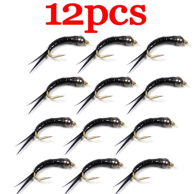 Bimoo 6Pcs #16 Tungsten Bead Head Black Nymph Larva Fly Trout Fly Fishing Fly-Flies-Bargain Bait Box-12pcs-Bargain Bait Box