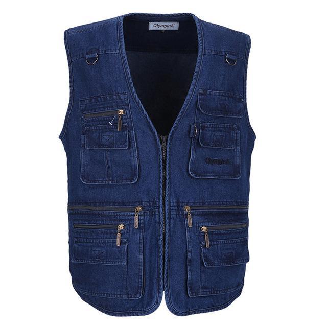 Men&#39;S S Cotton Vest Sleeveless Denim Solid Vest Casual Multi-Pockets Regular-Vests-Bargain Bait Box-Blue-XL-China-Bargain Bait Box