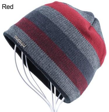 Men&#39;S Skullies Hat Bonnet Beanie Knitted Wool Hat Plus Velvet Cap Thicker Stripe-Beanies-Bargain Bait Box-Red-Bargain Bait Box