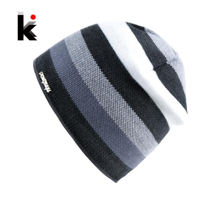Men&#39;S Skullies Hat Bonnet Beanie Knitted Wool Hat Plus Velvet Cap Thicker Stripe-Beanies-Bargain Bait Box-White-Bargain Bait Box