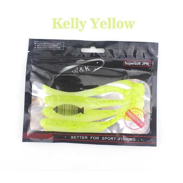 W&K Soft 4.7Inch 5Pcs/Bag Sea Fishing Jig Head Silicone Bait Shad Worm Halibut-Unrigged Plastic Swimbaits-Bargain Bait Box-Kelly Yellow-Bargain Bait Box