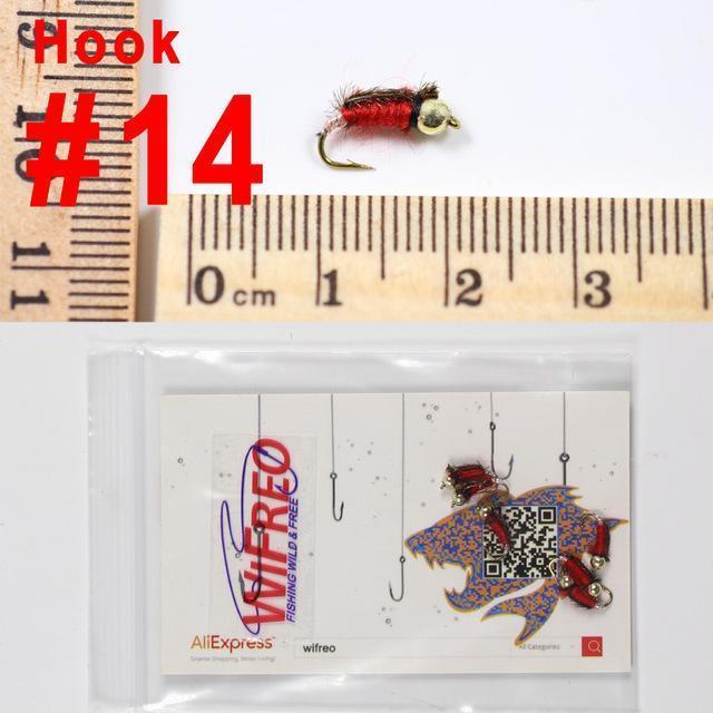 Wifreo 6Pcs Trout Fly Fishing Flies Nymph Chironomids Buzzers Worm Scud Pheasant-Flies-Bargain Bait Box-bead head red nymph-Bargain Bait Box