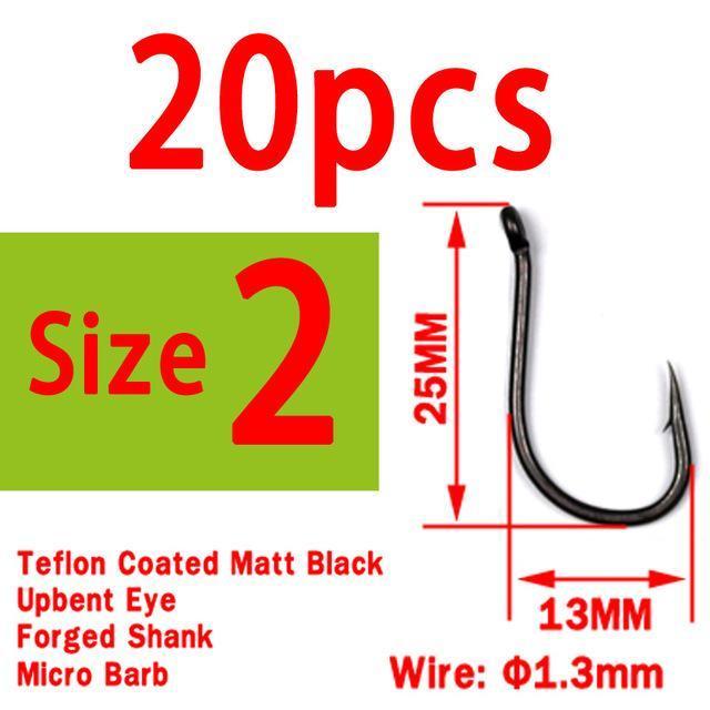 Bimoo 20Pcs Teflon Coating Out-Turned Eyed Carp Hooks Up Bent Matte Black With-Bimoo Fishing Tackle Store-20pcs size 2-Bargain Bait Box