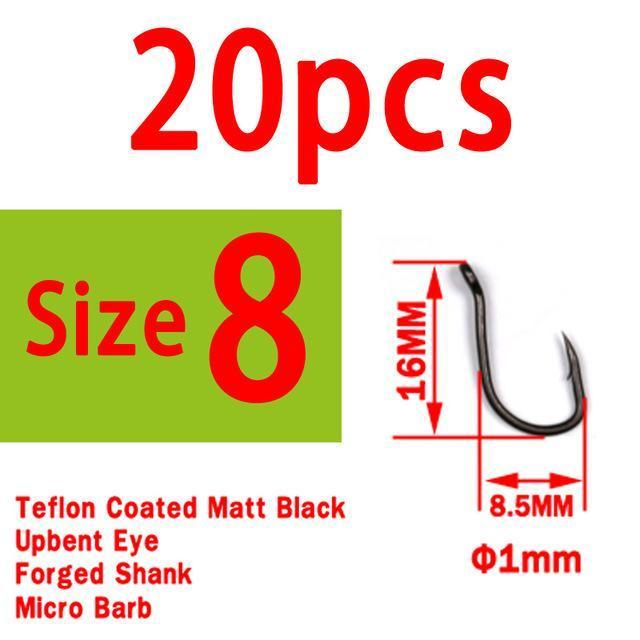 Bimoo 20Pcs Teflon Coating Out-Turned Eyed Carp Hooks Up Bent Matte Black With-Bimoo Fishing Tackle Store-20pcs size 8-Bargain Bait Box