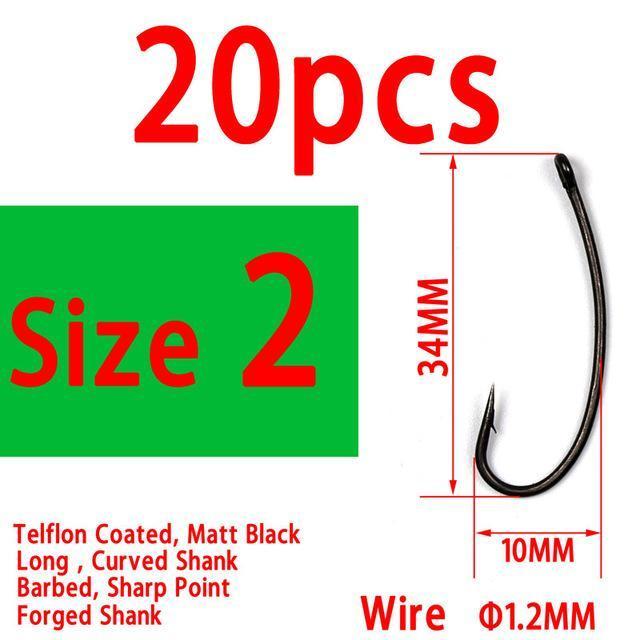 Bimoo 20Pcs/Pack Longshank Telflon Coating Carp Hooks Long Shank Carp Barbel-Bimoo Fishing Tackle Store-20pcs size 2-Bargain Bait Box