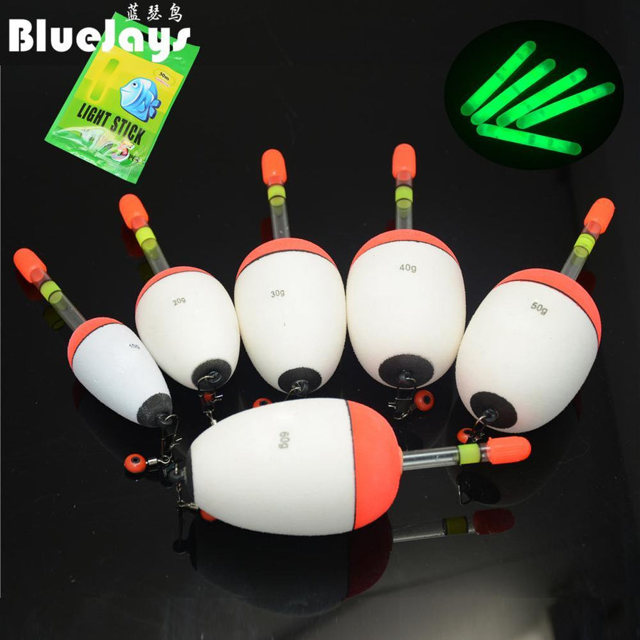 Bluejays 5Pcs 10G-60G Eva Float + 5Pcs Glow Stick Night Bobber Fishing Floats-Glow Floats-Bargain Bait Box-10g 5pcs-Bargain Bait Box