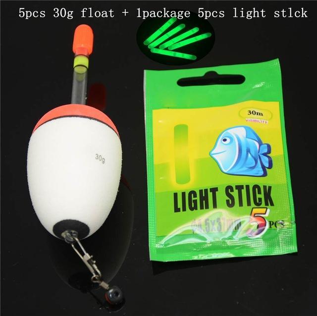 Bluejays 5Pcs 10G-60G Eva Float + 5Pcs Glow Stick Night Bobber Fishing Floats-Glow Floats-Bargain Bait Box-30g 5pcs-Bargain Bait Box
