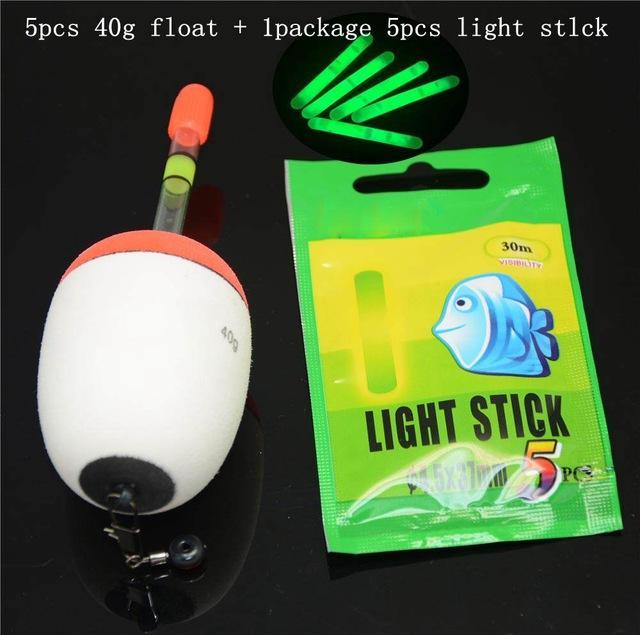 Bluejays 5Pcs 10G-60G Eva Float + 5Pcs Glow Stick Night Bobber Fishing Floats-Glow Floats-Bargain Bait Box-40g 5pcs-Bargain Bait Box