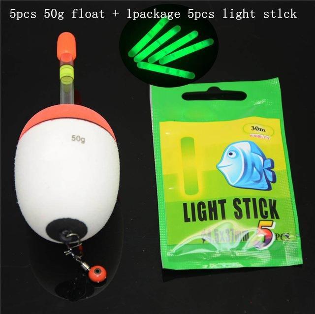 Bluejays 5Pcs 10G-60G Eva Float + 5Pcs Glow Stick Night Bobber Fishing Floats-Glow Floats-Bargain Bait Box-50g 5pcs-Bargain Bait Box