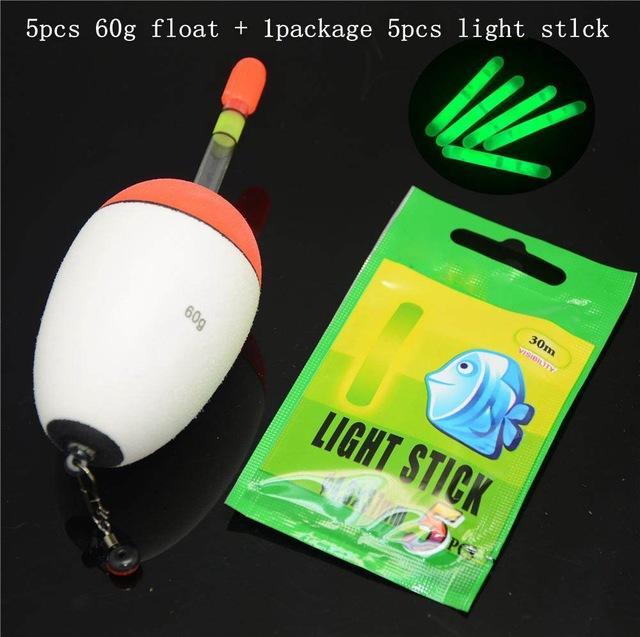Bluejays 5Pcs 10G-60G Eva Float + 5Pcs Glow Stick Night Bobber Fishing Floats-Glow Floats-Bargain Bait Box-60g 5pcs-Bargain Bait Box