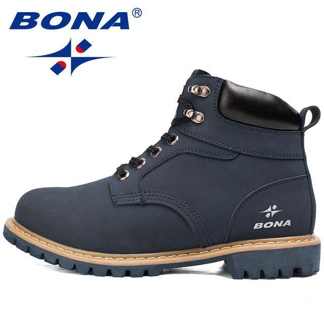 Bona Style Men Hiking Shoes Lace Up Outdoor Jooging Trekking Sneakers Cow-Bona official store-Deep Blue-8-Bargain Bait Box