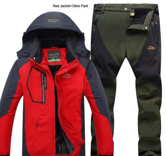 Direnjie Man Winter Fishing Waterproof Skiing Warm Fur Outdoor Trekking Jacket Red Army Green / XXXL