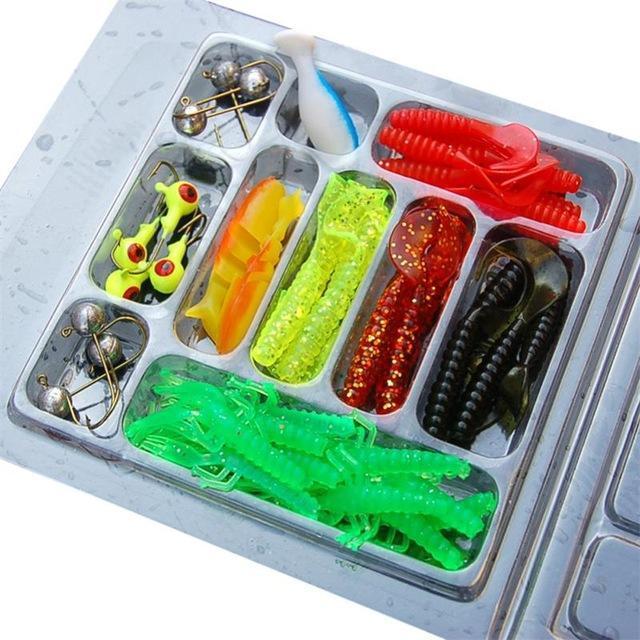 Fishing Lure 35-50Pcs/Set Spoon Soft Worm Jigging Lure With 10Lead Jig Head-easygoing4-style A-Bargain Bait Box